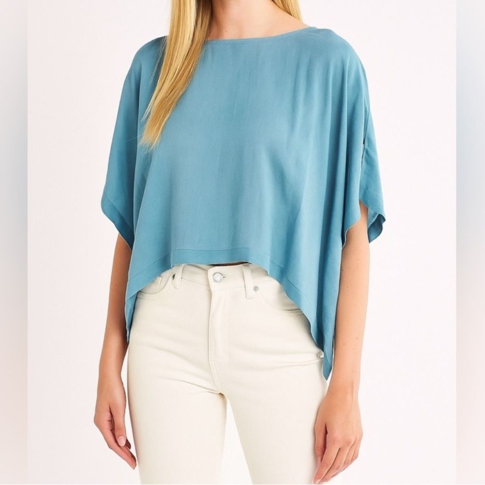 New Eileen Fisher Bateau Neck Sheer Silk Georgette Top Sz L/XL in River Blue